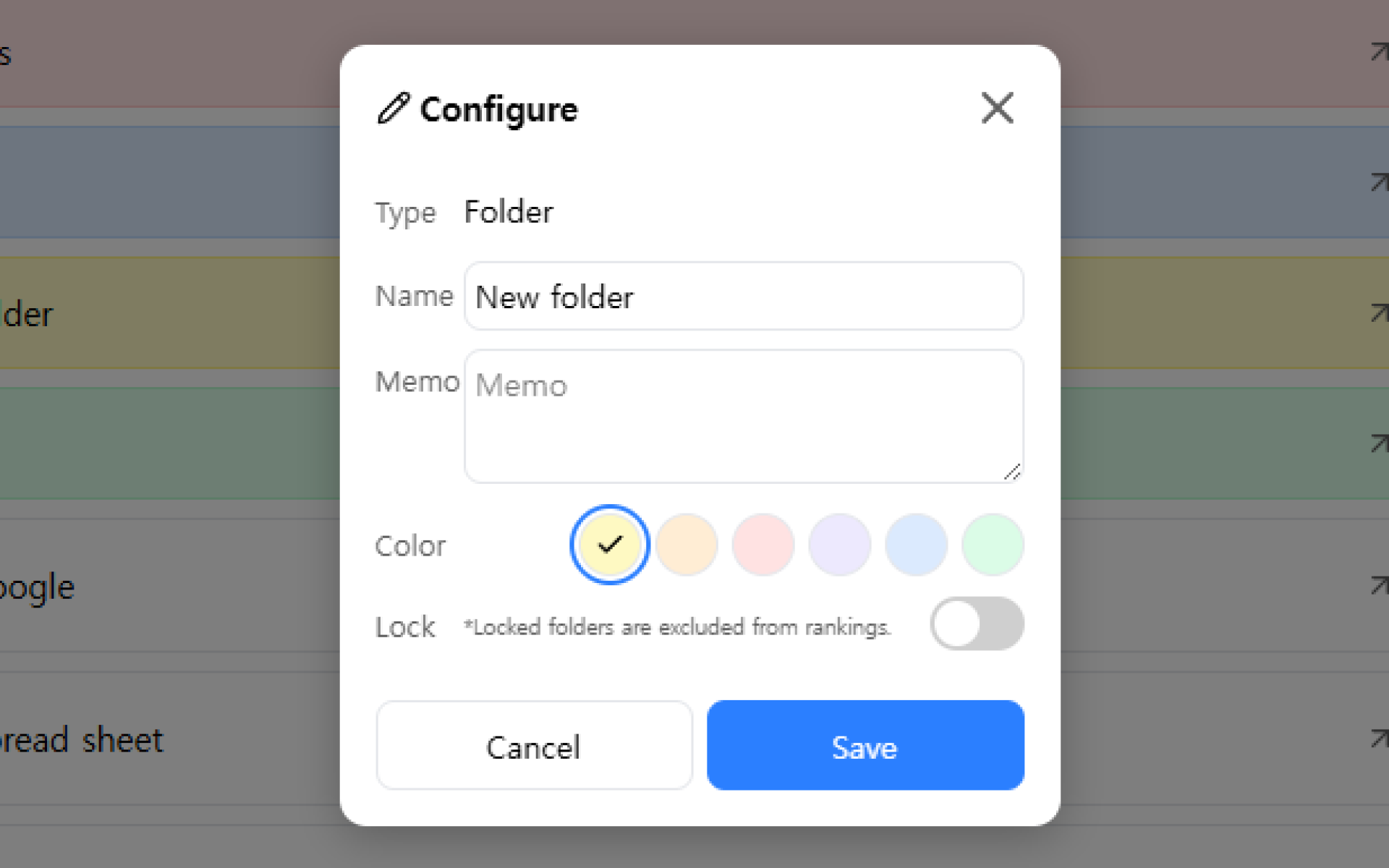 New folder dialog for choosing a folder name and color