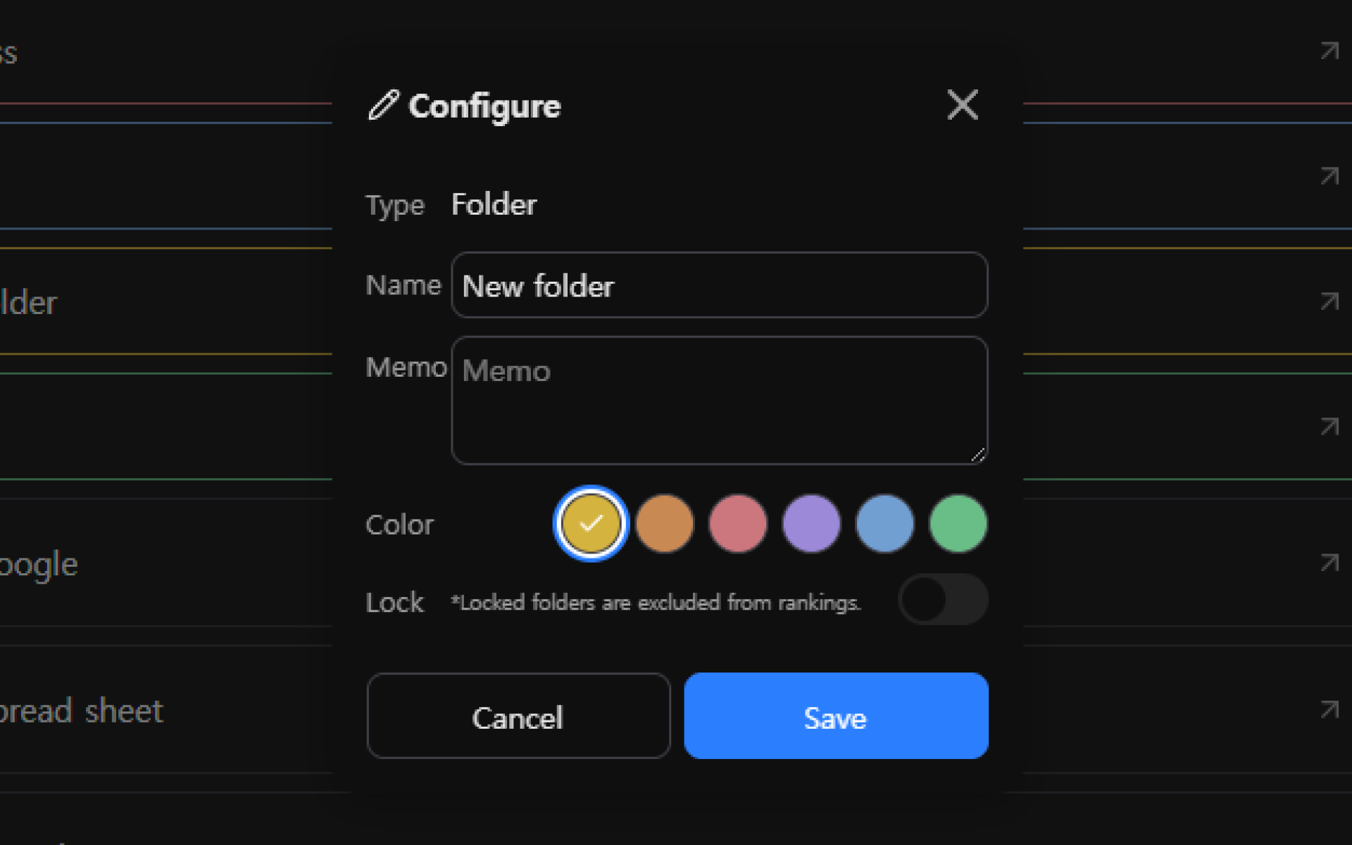New folder dialog for choosing a folder name and color