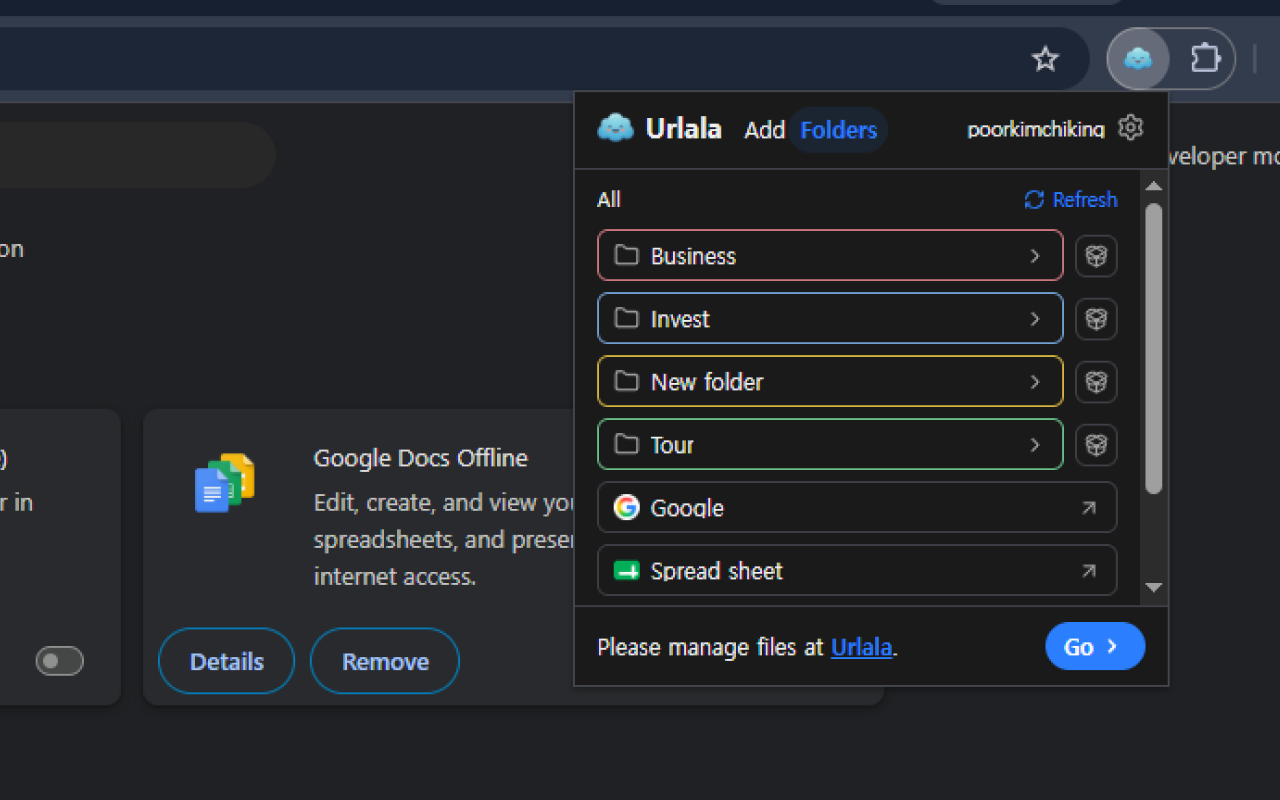 Folder and link list in the Urlala extension