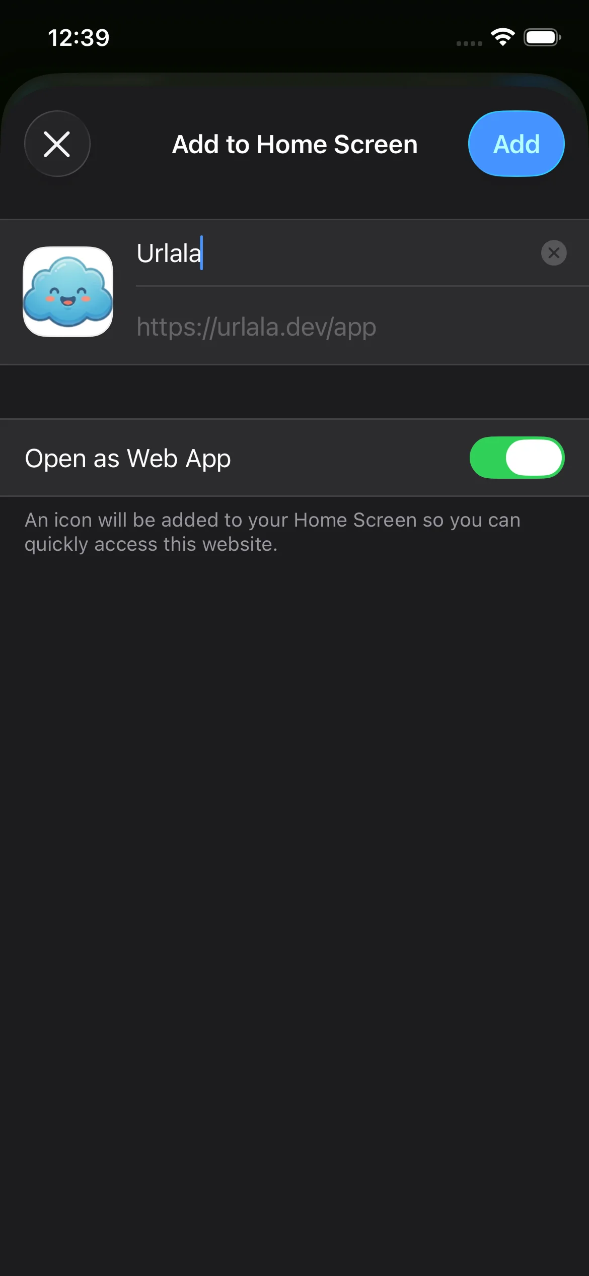 Add to Home Screen page with Open as Web App enabled for Urlala