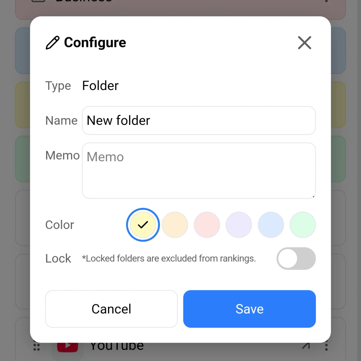 The Configure screen for setting a folder's name and color