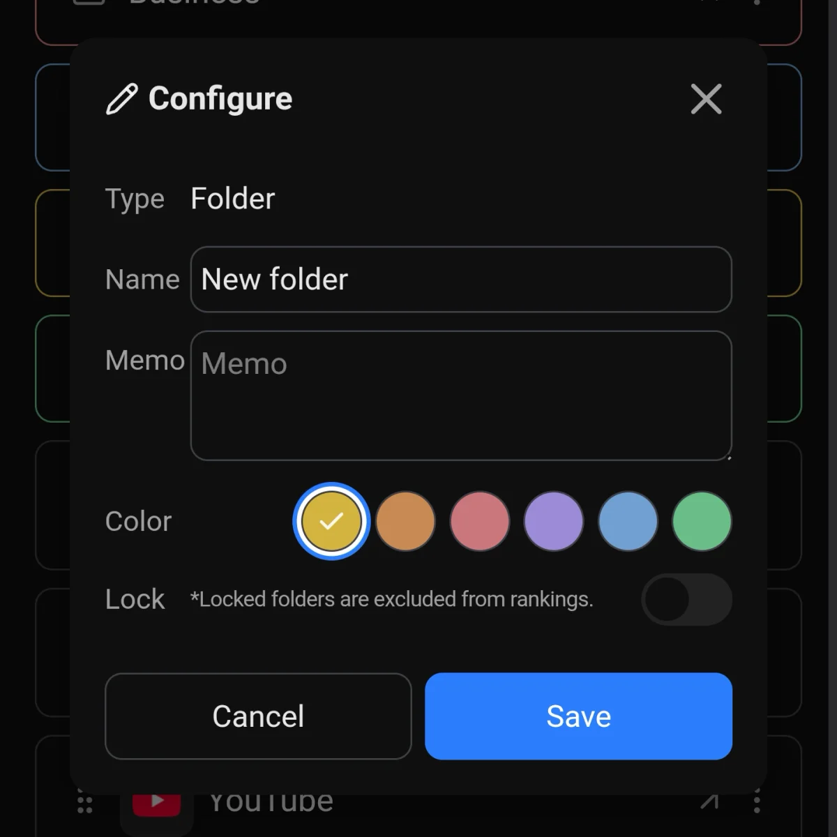 The Configure screen for setting a folder's name and color