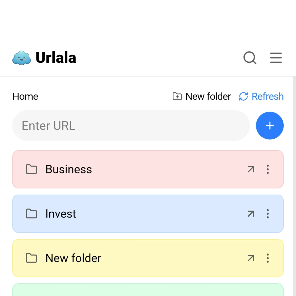 The New folder button and folder list at the top of the Urlala home screen
