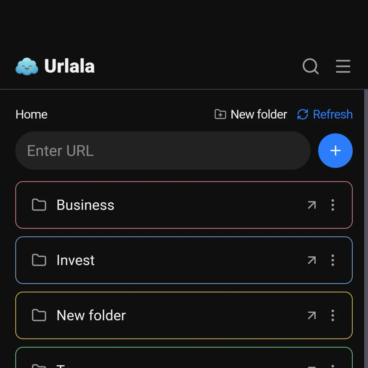 The New folder button and folder list at the top of the Urlala home screen