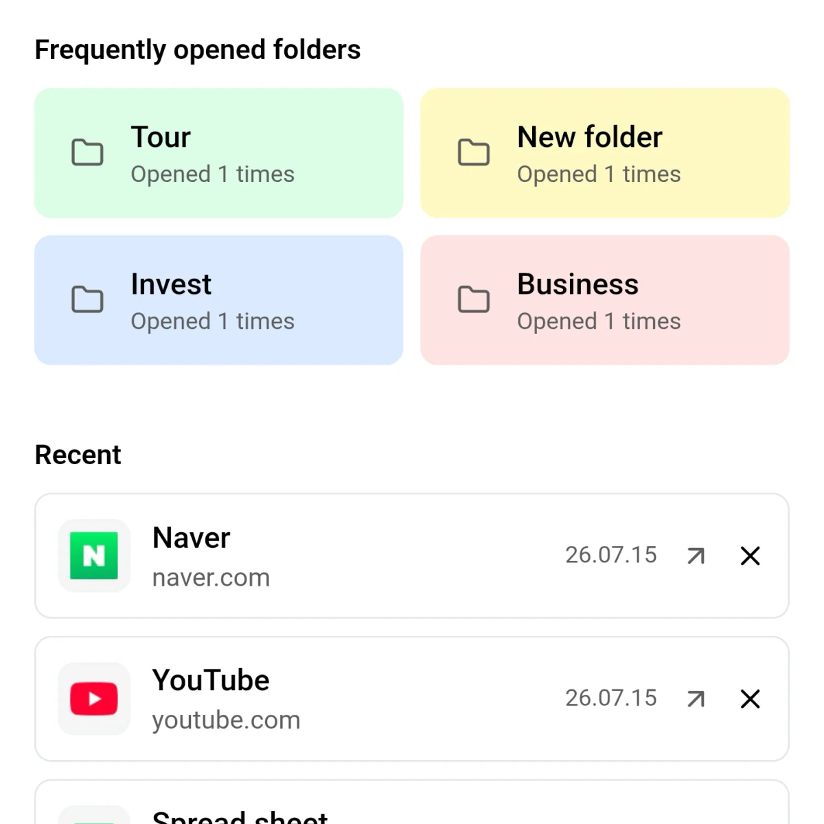 Screen showing frequently opened folders and the recent items list