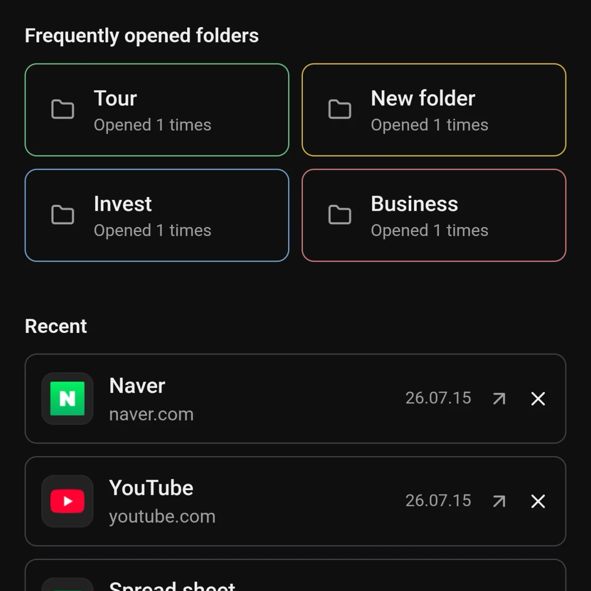 Screen showing frequently opened folders and the recent items list